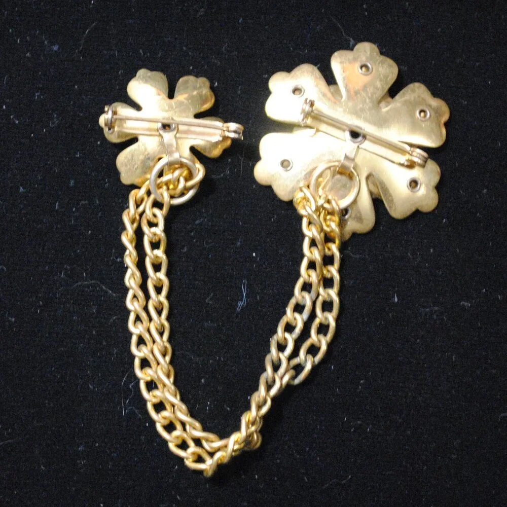 Vintage Chain-linked Gold-tone Flower Collar Brooches / Sweater Guard Rhinestone